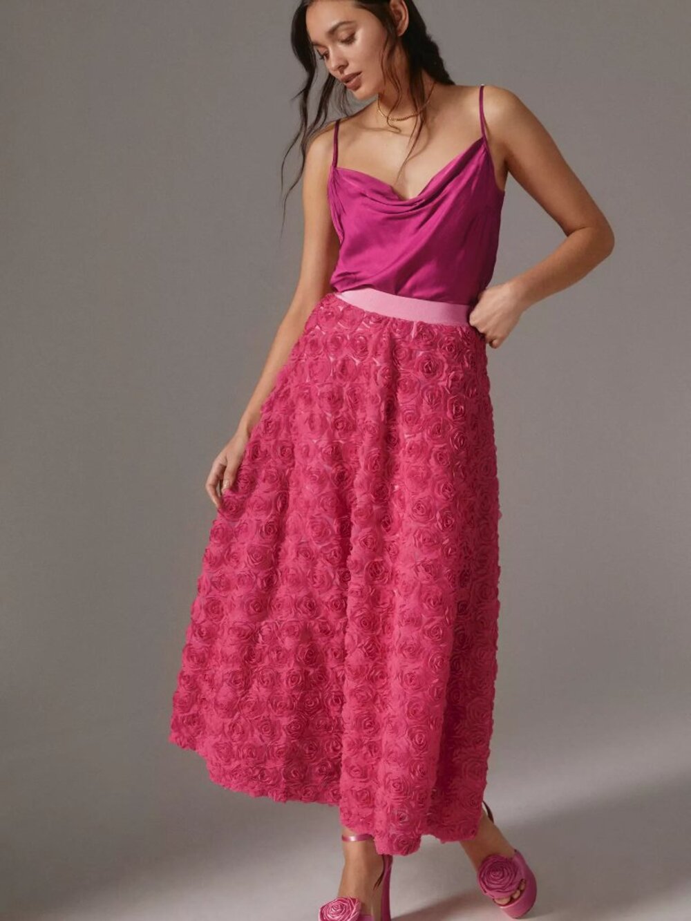 Anthropologie Maeve Floral Appliqué Skirt Rosette, Pink - Medium Petite